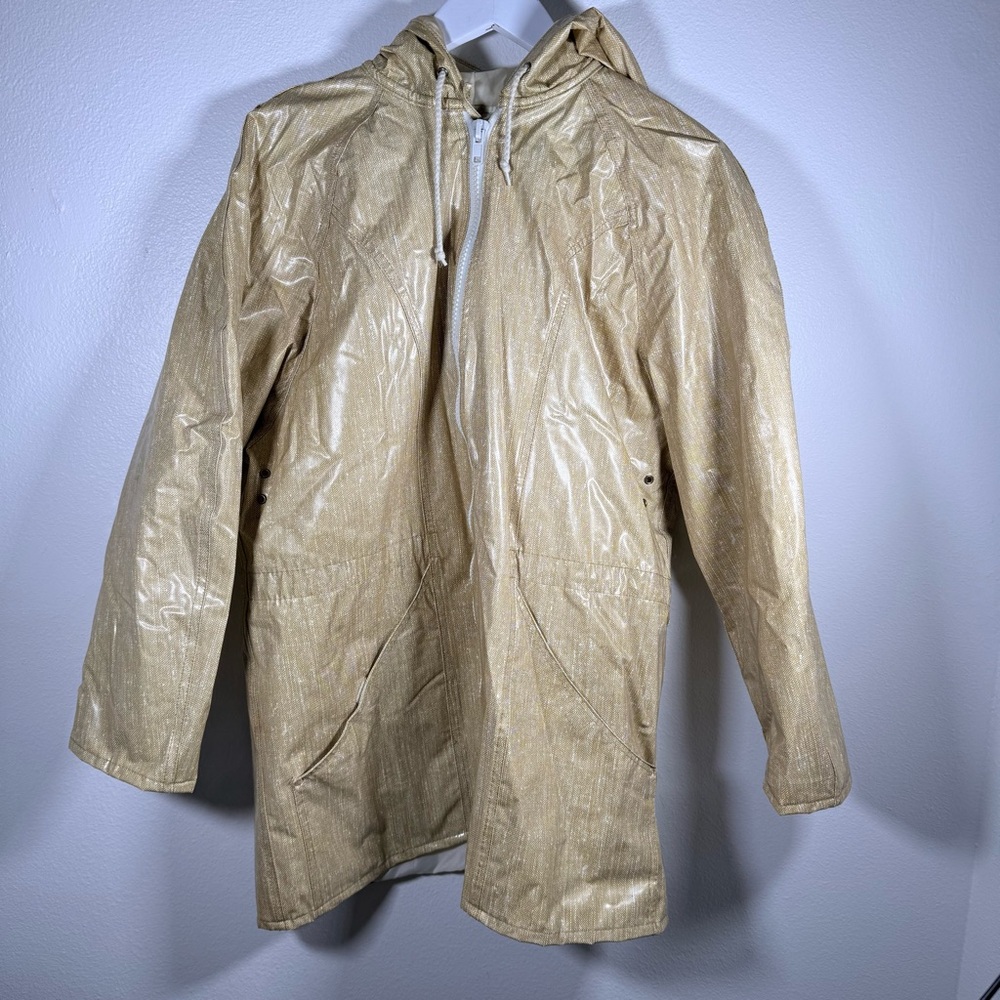 Vintage Wippette Tan Vinyl Raincoat Hooded Insulated Jacket 80s 90s Women Medium
